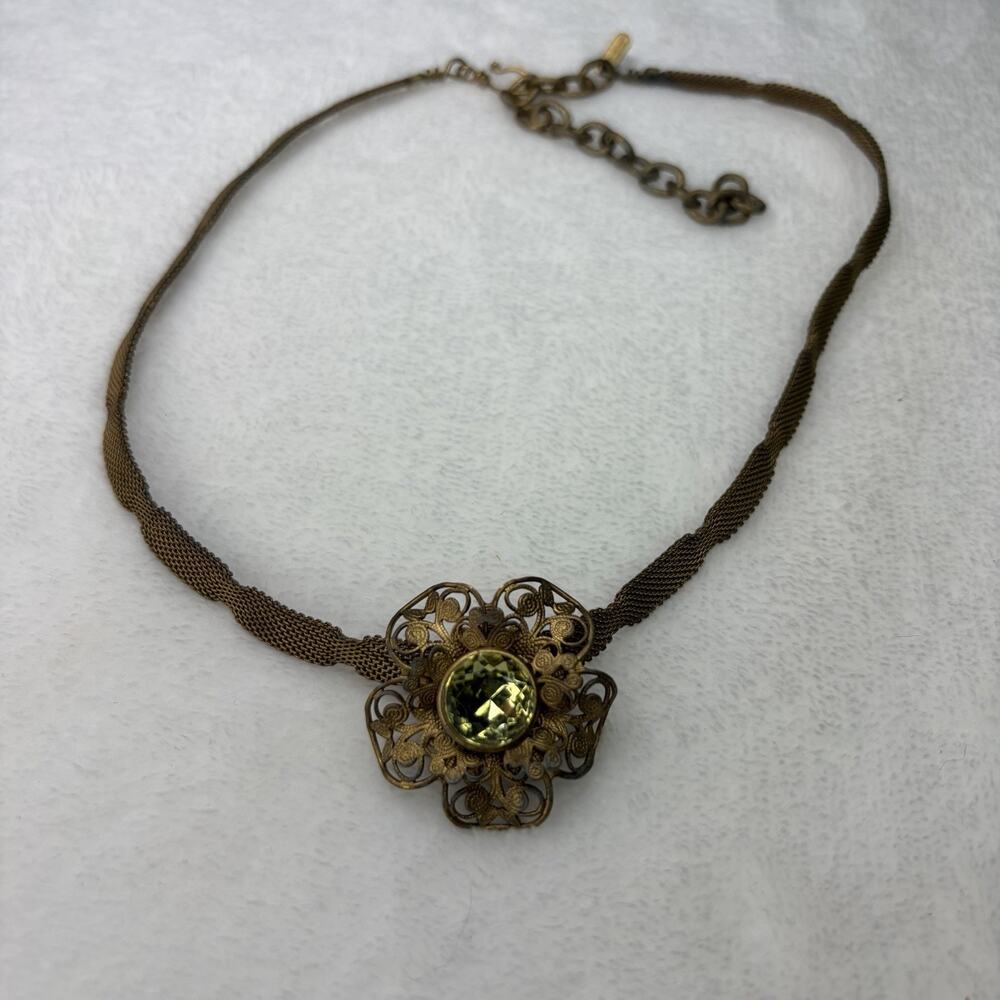 Sarah Cavender Metalworks Bronze Filigree Flower Green Crystal Choker Necklace